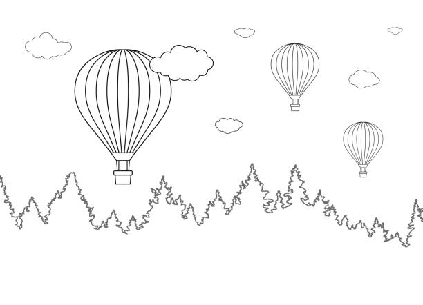 Vector illustration of landscape with forest and flying hot air balloons for coloring page Vector illustration of landscape with forest and flying hot air balloons for coloring page balloon drawings stock illustrations