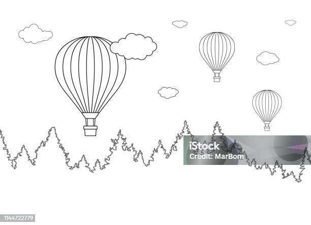 Vector Illustration Of Landscape With Forest And Flying Hot Air Balloons For Coloring Page Stock Illustration - Download Image Now