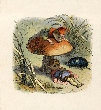 A vintage fairyland image featuring the Elf King sleeping under a toadstool mushroom with an elf and beetle watching from nearby.