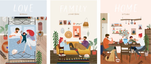Set of cute vector illustrations of people in everyday life, happy family at home resting in the living room on the sofa, sleeping in the bedroom, eating in the kitchen Set of cute vector illustrations of people in everyday life, happy family at home resting in the living room on the sofa, sleeping in the bedroom, eating in the kitchen family home stock illustrations