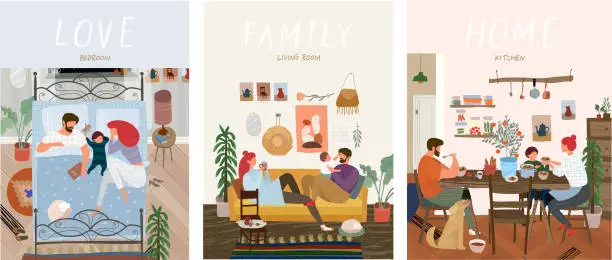 Vector illustration of Set of cute vector illustrations of people in everyday life, happy family at home resting in the living room on the sofa, sleeping in the bedroom, eating in the kitchen