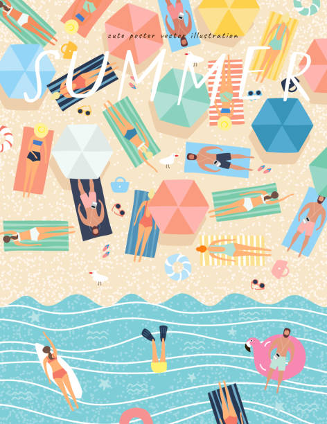 Summer background. Vector illustration of sunbathing people on the beach and swimming in the sea. Drawing by hand the summer holiday season, rest, relaxation and summer. Summer background. Vector illustration of sunbathing people on the beach and swimming in the sea. Drawing by hand the summer holiday season, rest, relaxation and summer. swimming drawings stock illustrations