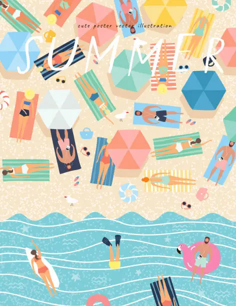 Vector illustration of Summer background. Vector illustration of sunbathing people on the beach and swimming in the sea. Drawing by hand the summer holiday season, rest, relaxation and summer.