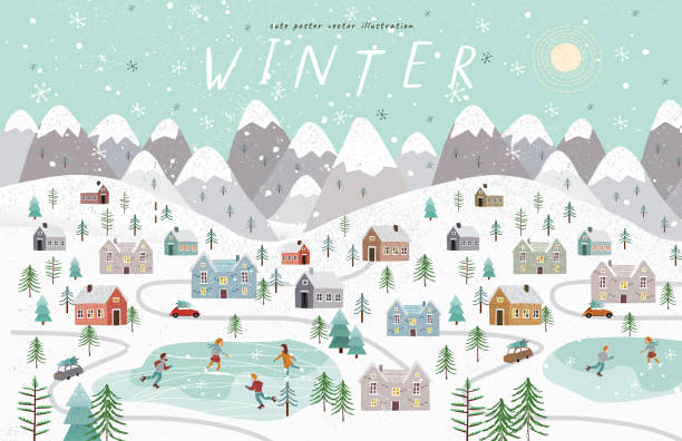 冬。家、山、人、木やスケートリンクでクリスマス、新年の冬の風景のかわいいベクトルイラスト。上面図 - バケーション イラスト点のイラスト素材／クリップアート素材／マンガ素材／アイコン素材
