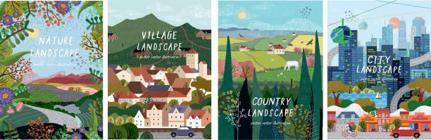Nature, village, country, city landscapes. Vector illustration of natural, urban and rustic background for poster, banner, card, brochure or cover. Nature, village, country, city landscapes. Vector illustration of natural, urban and rustic background for poster, banner, card, brochure or cover. rural scene illustrations stock illustrations