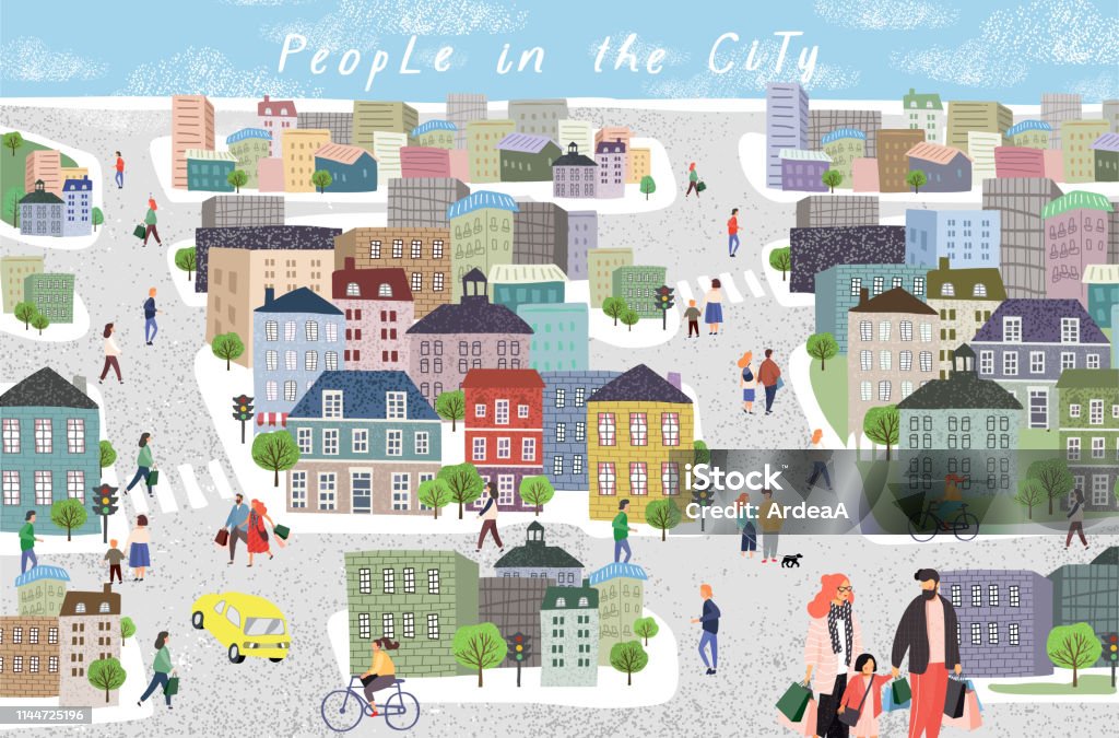 People in the city. Cute cityscape vector illustration with people, cars, buildings, houses and trees. Urban panorama drawing Town stock vector