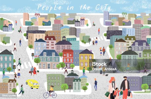 People In The City Cute Cityscape Vector Illustration With People Cars Buildings Houses And Trees Urban Panorama Drawing Stock Illustration - Download Image Now