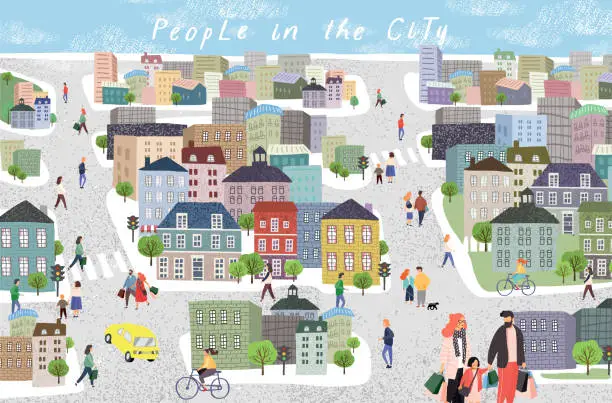 Vector illustration of People in the city. Cute cityscape vector illustration with people, cars, buildings, houses and trees. Urban panorama drawing