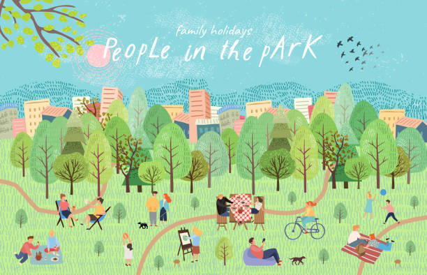 公園にいる人たち自然の中でピクニックに休息を持つ人々のベクトルイラスト。森の中で、バーベキュー、子供のゲーム、散歩と湖で手のアクティブな家族の週末を描画します。上面図 - 子供 イラスト点のイラスト素材／クリップアート素材／マンガ素材／アイコン素材