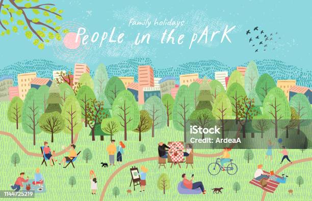 公園にいる人たち自然の中でピクニックに休息を持つ人々のベクトルイラスト森の中でバーベキュー子供のゲーム散歩と湖で手のアクティブな家族の週末を描画します上面図 - イラストレーションのベクターアート素材や画像を多数ご用意