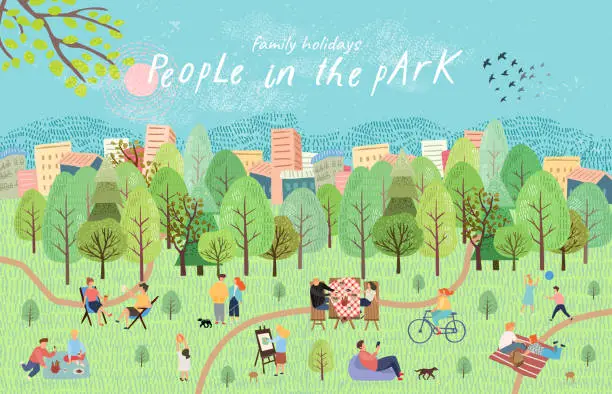 Vector illustration of People in the park. Vector illustration of people having a rest on a picnic in nature. Drawing by hand active family weekend in the forest by the lake with a barbecue, children's games, walks.Top view