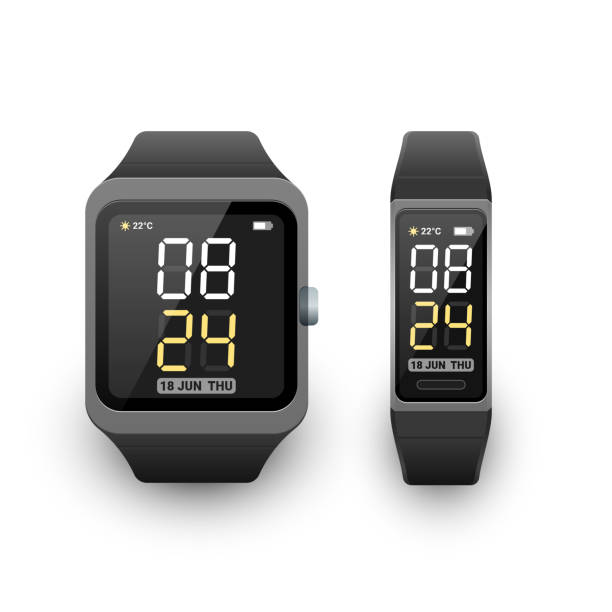 Smart watch and fitness band, activity tracker or sport bracelet with digital clock app on screen. Vector illustration Smart watch and fitness band, activity tracker or sport bracelet with digital clock app on screen. Vector illustration on white background fitness tracker illustration stock illustrations