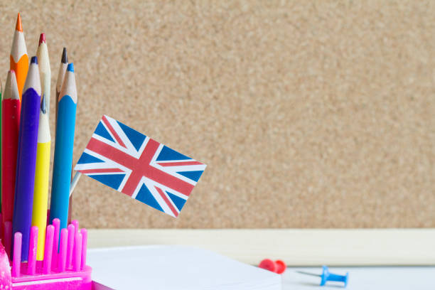istock Learning speaking and teaching english with british flag abstract background concept 1144728468