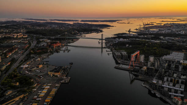 Gothenburg city skyline aerial view during golden hour view over open sea and Älvsborg bridge västra götaland county stock pictures, royalty-free photos & images
