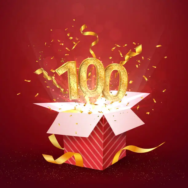 Vector illustration of 100 th years number anniversary and open gift box with explosions confetti isolated design element. Template hundred hundredth birthday celebration on red background vector Illustration.