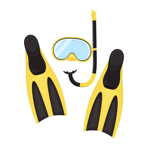 diving equipment elements set vector diver equipment set, yellow black snorkeling mask with snorkel and flippers isolated on white background, clipart with sport gear for snorkeling underwater diving stock illustrations