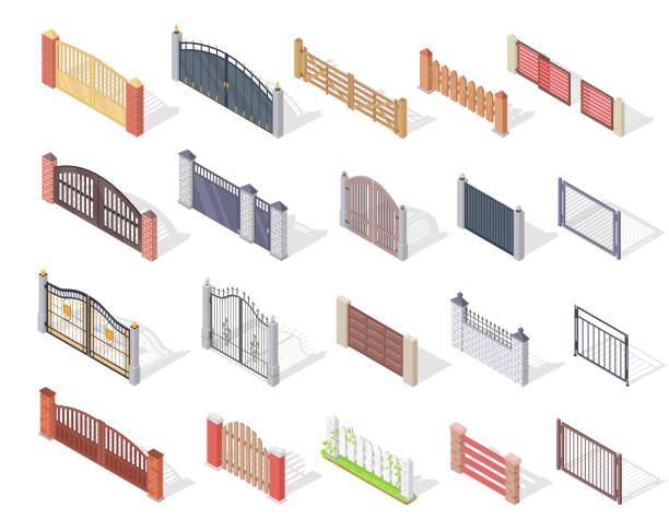 Set of Gates and Fences In Isometric Projection Set of gates and fences vectors. Isometric projection. Collection of metal, wrought iron, lattice and wooden gates and fences for yard. For gaming environment, app, web design. Isolated on white gate stock illustrations