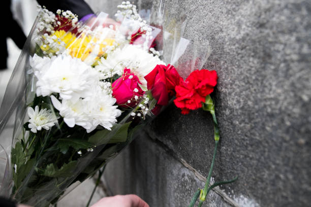 istock Red carnations flowers seen on the memorial stone 1144735022