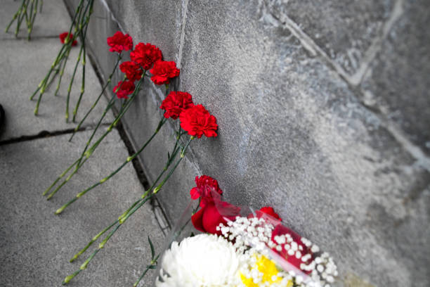istock Red carnations flowers seen on the memorial stone 1144735062