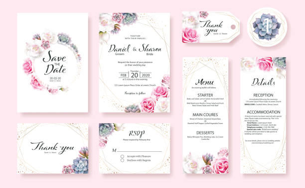 ilustraciones, imágenes clip art, dibujos animados e iconos de stock de tarjeta de invitación de boda floral, guardar la fecha, gracias, rsvp, etiqueta de tabla, menú, detalles, plantilla de tage. flor rosa y blanca rosa, plantas suculentas. - wedding card