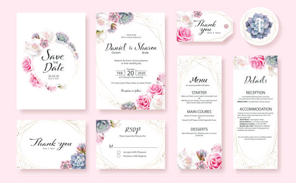 Floral Wedding Invitation card, save the date, thank you, rsvp, table label, menu, details, tage template. Pink and White Rose flower, Succulent plants. Floral Wedding Invitation card, save the date, thank you, rsvp, table label, menu, details, tage template. Vector. Pink and White Rose flower, Succulent plants. golden roses stock illustrations