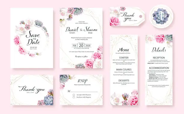 Vector illustration of Floral Wedding Invitation card, save the date, thank you, rsvp, table label, menu, details, tage template. Pink and White Rose flower, Succulent plants.