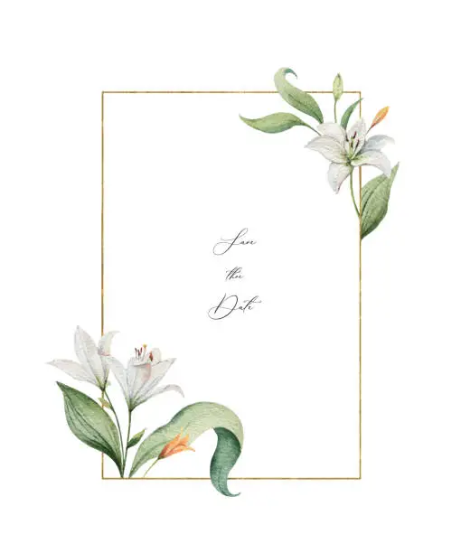 Vector illustration of Watercolor vector wreath of Lily flowers and green leaves.