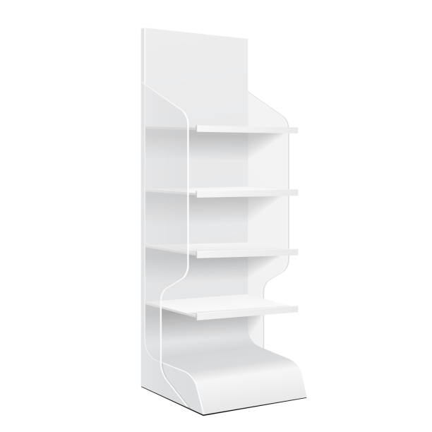 istock White Cardboard Floor Display Rack For Supermarket Blank Empty Displays With Shelves And Banner Products Mock Up On White Background Isolated. Ready For Your Design. Product Packing. Vector EPS10 1144735730