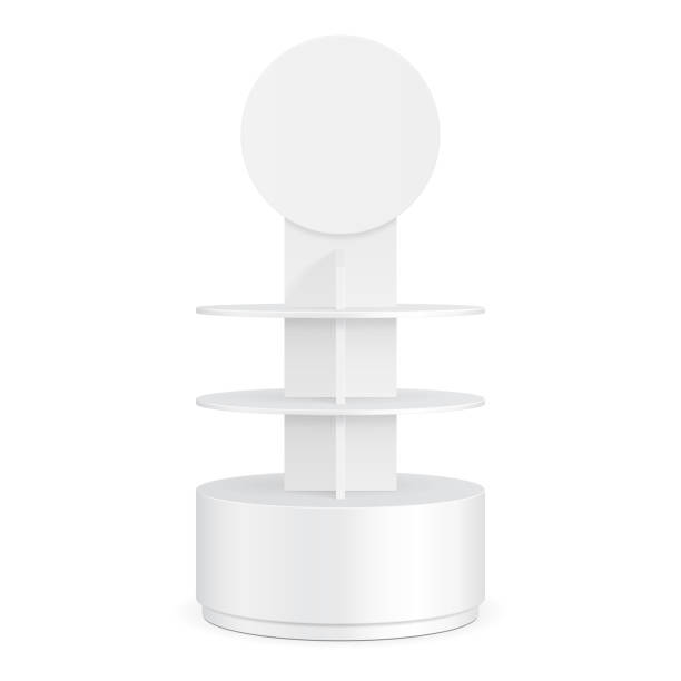 istock White Round POS POI Cardboard Floor Display Rack For Supermarket Blank Empty Displays With Shelves Products On White Background Isolated. Ready For Your Design. Product Packing. Vector EPS10 1144736355