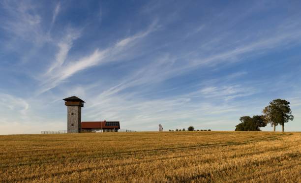 Roprachtice, Czech Republic, August 12, 2018: Lookout tower on the hill near the East Bohemian village of Roprachtice. It is 18 meters high, $ 1.30 entry. It provides beautiful views of the Krkonose Mountains (Giant Mountains).