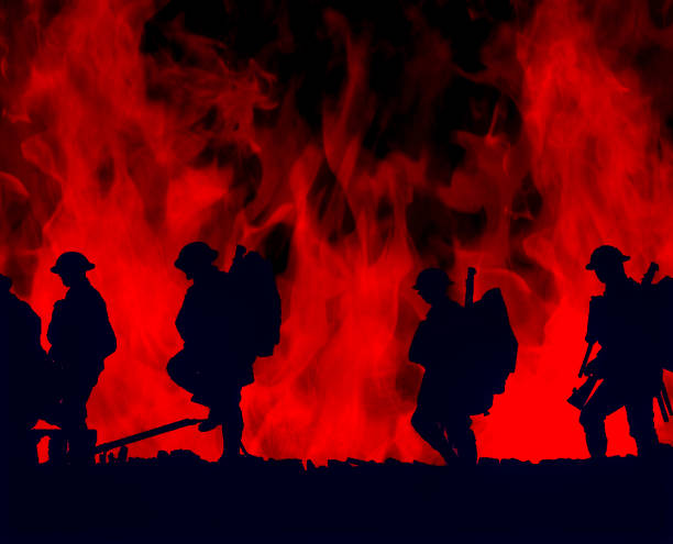Outline of WWI soldiers walking over colourful flames Outline of WWI soldiers walking over colourful flames world war i photos stock pictures, royalty-free photos & images
