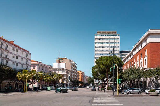 Durres city main street boulevard, colorful buildings facade, Albania