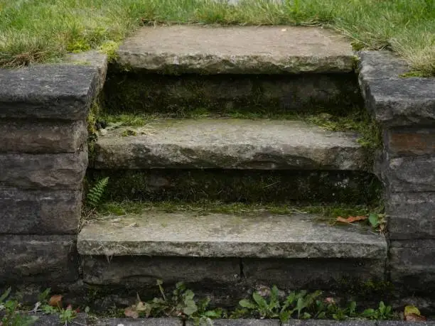 . three steps in outdoor garden, short stairs  in quarrystone with weeds overgrown