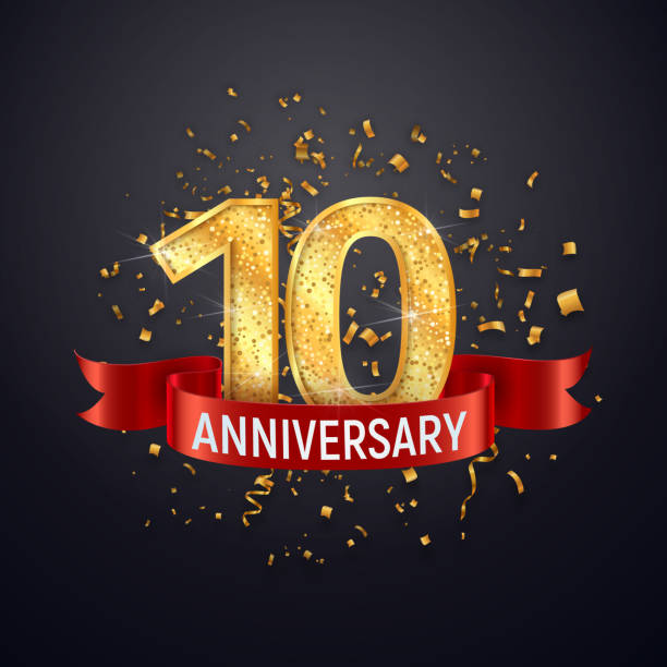 10 years anniversary template on dark background. Tenth celebrating golden numbers with red ribbon vector and confetti isolated design elements. 10 years anniversary template on dark background Tenth celebrating golden numbers with red ribbon vector and confetti isolated design elements 10th anniversary stock illustrations