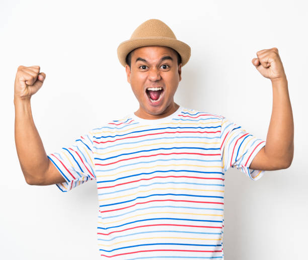 istock Young Asian man with hat feels shock and surprise with overly face expression. 1144750253