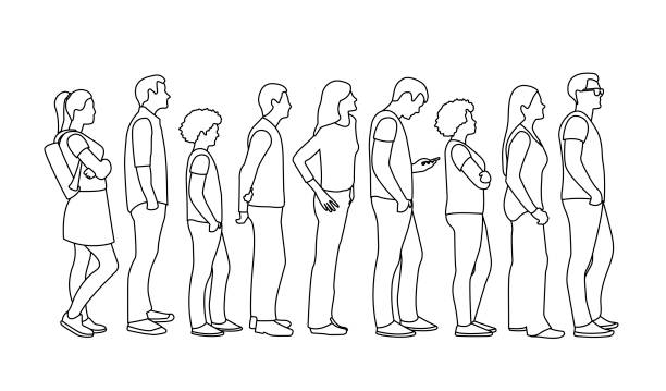 ilustrações de stock, clip art, desenhos animados e ícones de adult people customers group in casual clothes standing in long line queue - in line