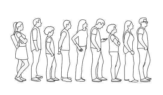 Adult people customers group in casual clothes standing in long line queue
