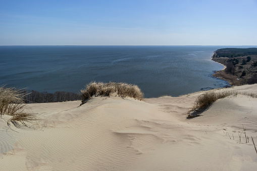 View of Dead Dunes, Curonian Spit and Curonian Lagoon, Nagliai, Nida, Klaipeda, Lithuania. Baltic Dunes.Unesco heritage