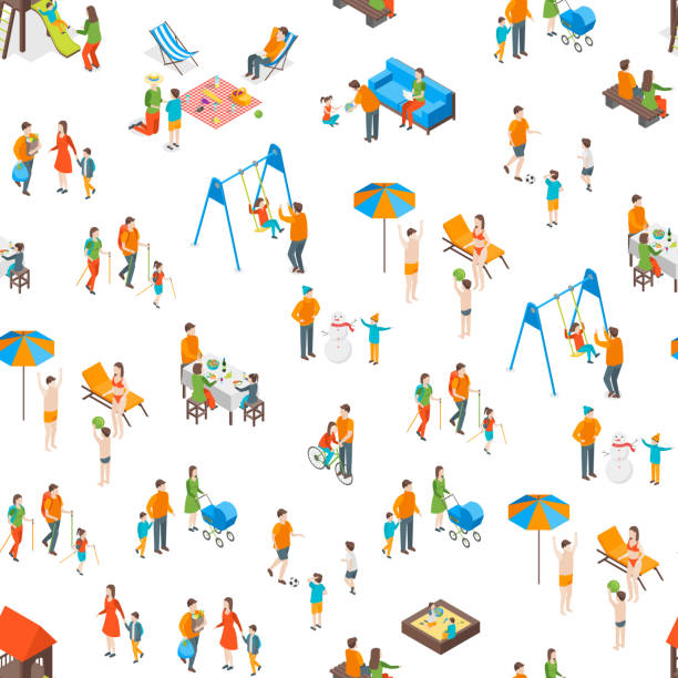 ilustrações de stock, clip art, desenhos animados e ícones de families spending free time 3d seamless pattern background isometric view. vector - nature play illustrations