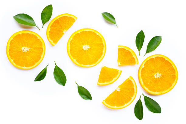 istock High vitamin C. Fresh orange citrus fruit with leaves isolated on white. 1144753035