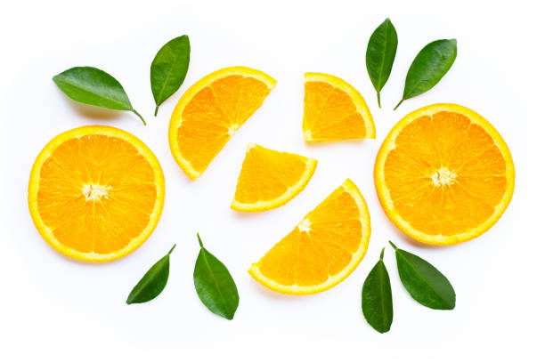 istock High vitamin C. Fresh orange citrus fruit with leaves isolated on white. 1144753832