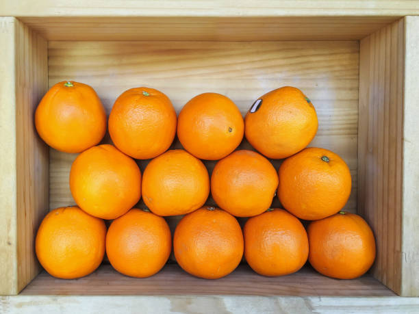 harvesting of organic and sweet oranges in wooden crates