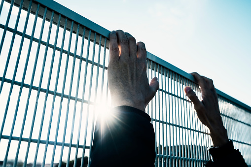 closeup of the hands of a man trying to climb up a metal fence, with a sumbean in the background