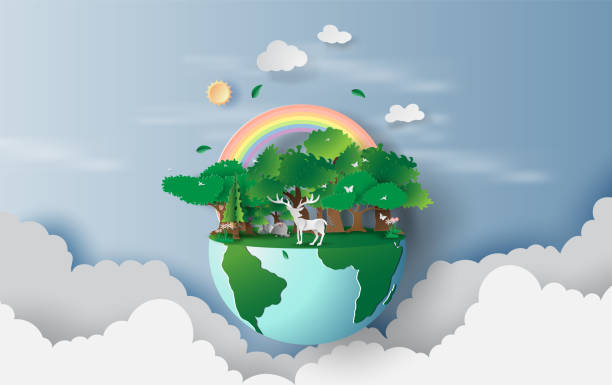 istock 3D illustration of reindeer in green trees forest,Creative design world environment and earth day concept idea. landscape Wildlife with Deer in green nature plant by rainbow. paper cut and craft. vector 1144761512