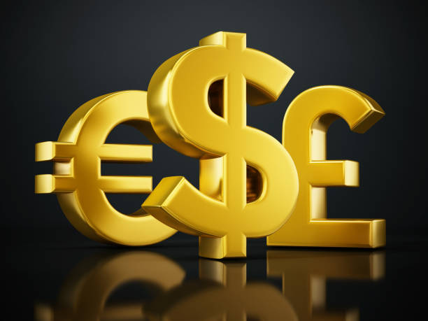 istock Golden currency symbols (Euro, Dollar and Pound) isolated on black with soft reflection 1144763245