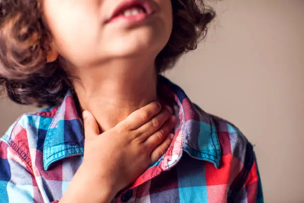 Child have sore throat sick. Children, healthcare, medicine concept