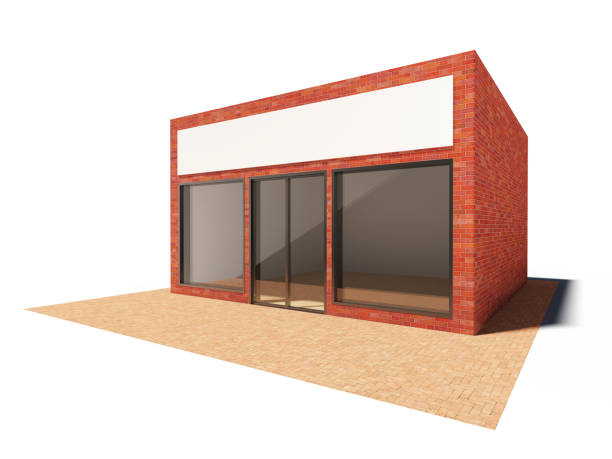 Store building Store building with showcase and billboard 3d city street stock pictures, royalty-free photos & images