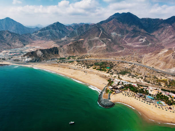 Aerial view of sandy beach  emirate of Fujairah in the UAE Aerial view of sandy beach emirate of Fujairah in the United Arab Emirates emirate of sharjah stock pictures, royalty-free photos & images