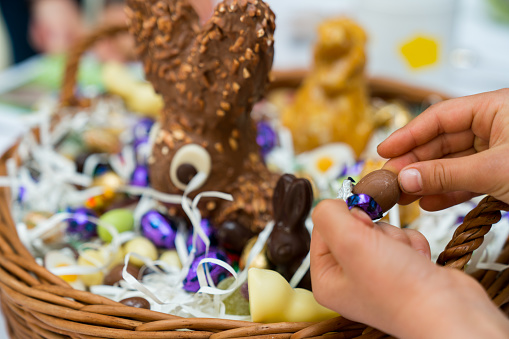 hands of a child unwrap a chocolate candy egg with a large Easter egg basket in the background during Easter cellebrations with family and relatives