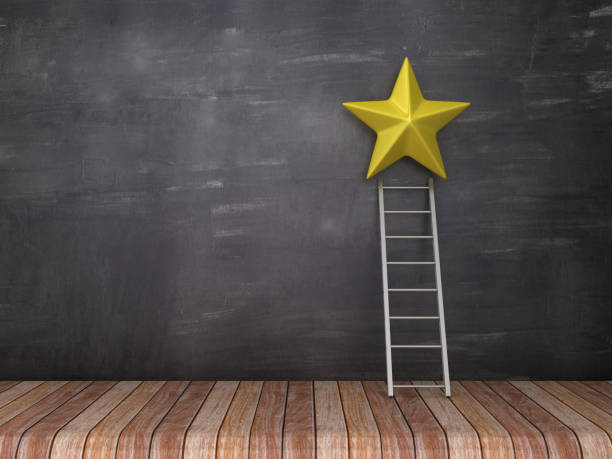 istock Star with Stair on Wood Floor - Chalkboard Background - 3D Rendering 1144769143